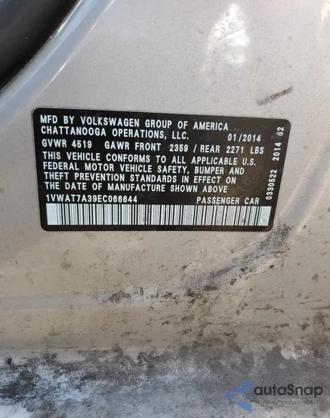 2014 Volkswagen Passat S z USA, uszkodzony, nr VIN 1VWAT7A39EC066644